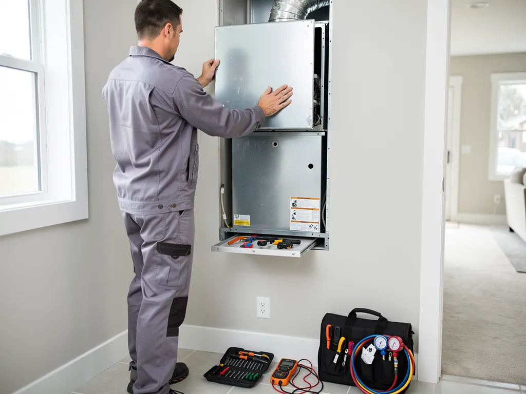 Technician completing an air conditioning repair on a home cooling system