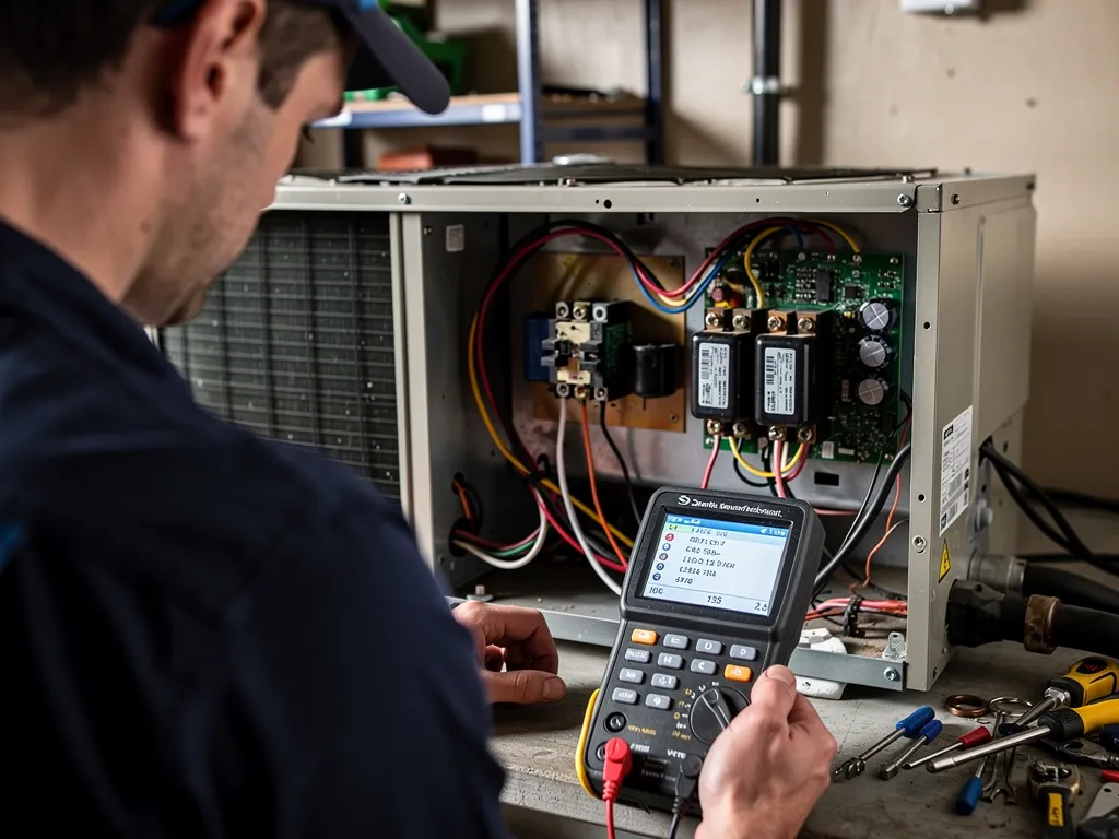 HVAC technician diagnosing an AC repair issue with a diagnostic tool